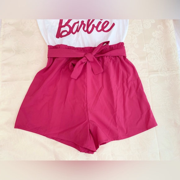 Women Barbie Letter Print Belted Combo Tank Hot Pink Rompers - Picture 3 of 9